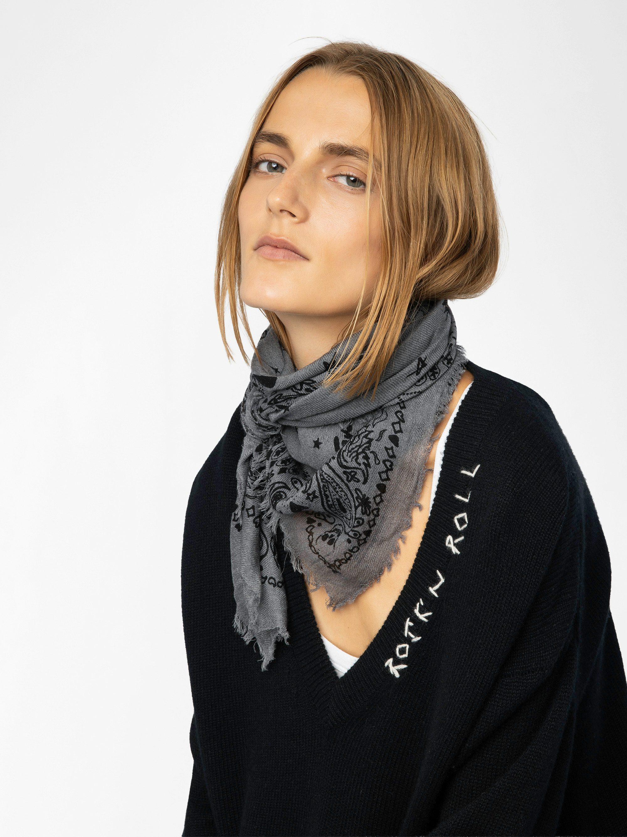 Nuage Bandana Scarf - Feather cashmere scarf with bandana print.